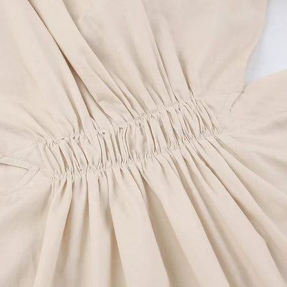 Women's Midi Dress - Puff Sleeve - Cut-Out Waist - A-Line Flowy Silhouette