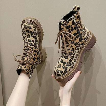 Women's thick-soled leopard print short boots