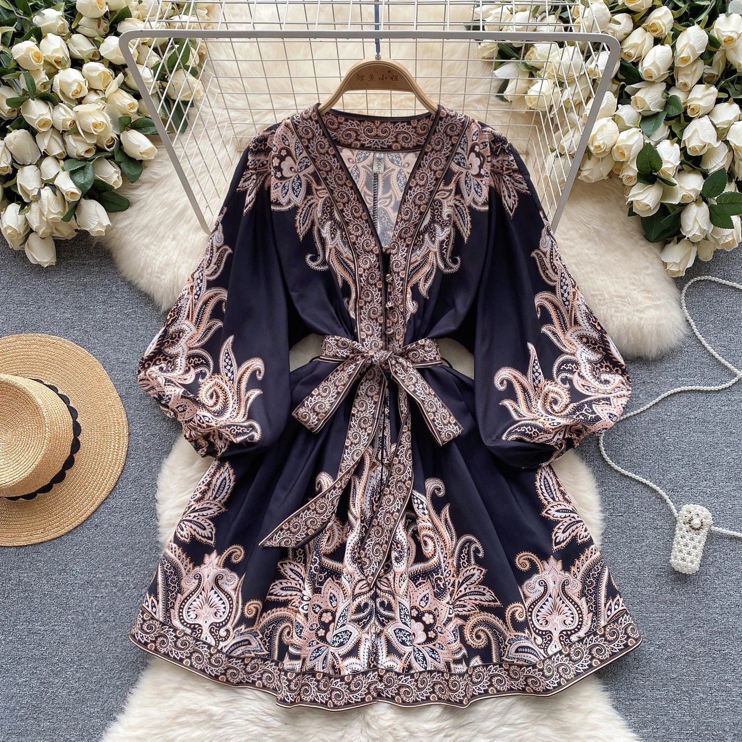 Women's Boho Mini Dress - V-Neck - Long Balloon Sleeves - Tie Waist - Paisley Print