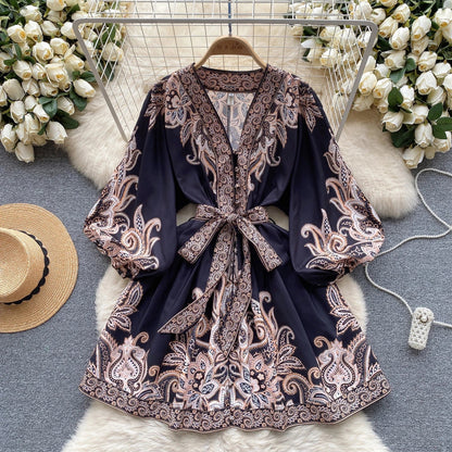 Women's Boho Mini Dress - V-Neck - Long Balloon Sleeves - Tie Waist - Paisley Print