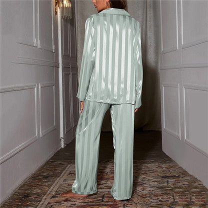 Striped long-sleeve pajama set with button-down for women
