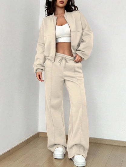 Women's casual zipper bomber jacket and wide leg pants set