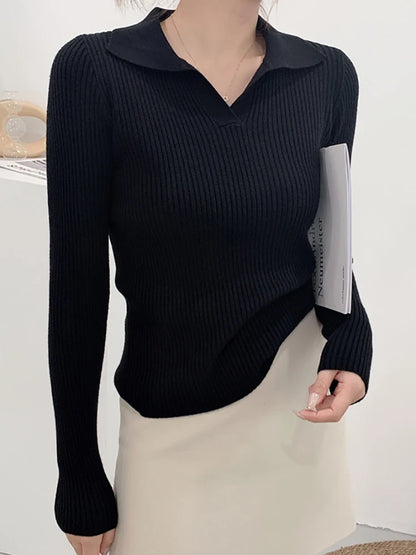 Women's slim ribbed knit sweater pullover with lapel