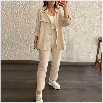 Women's casual long sleeve shirt and loose button pants set