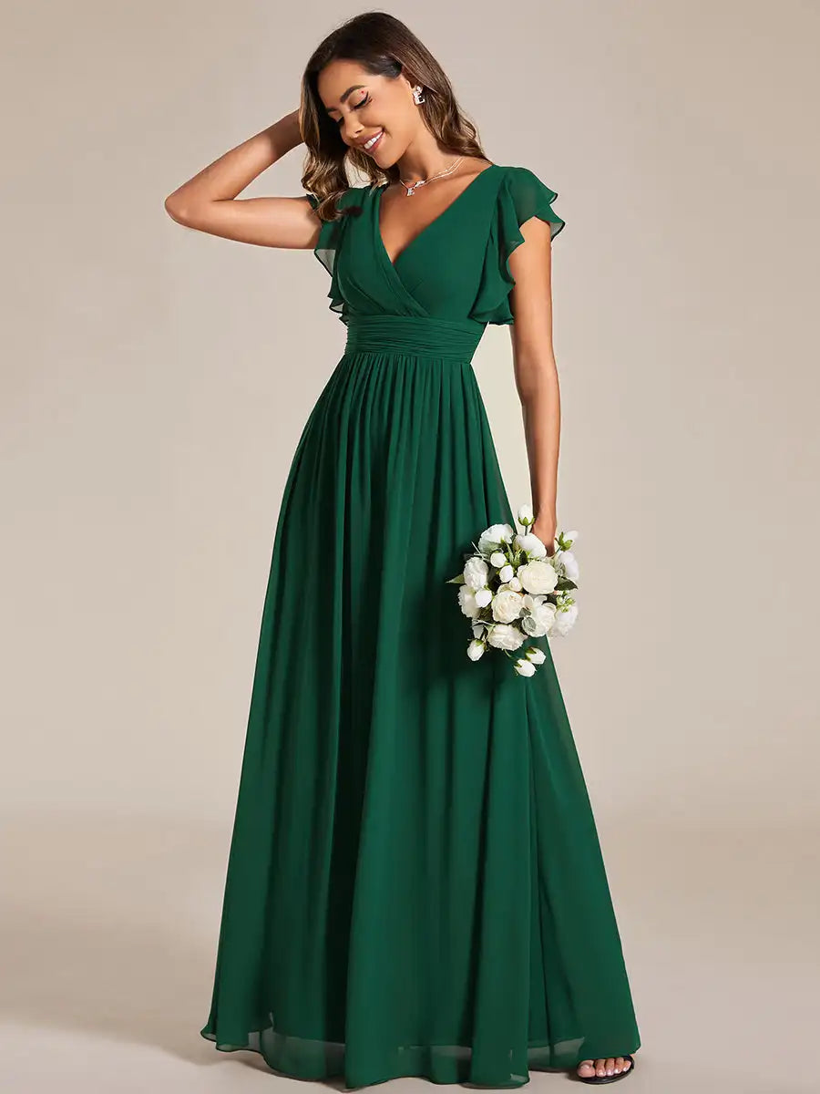 Women’s Evening Gown – Chiffon A-Line – V-Neck – Flutter Sleeve – Empire Waist