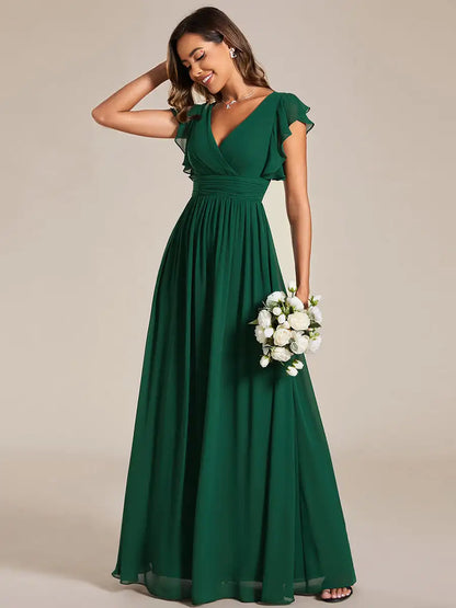 Women’s Evening Gown – Chiffon A-Line – V-Neck – Flutter Sleeve – Empire Waist