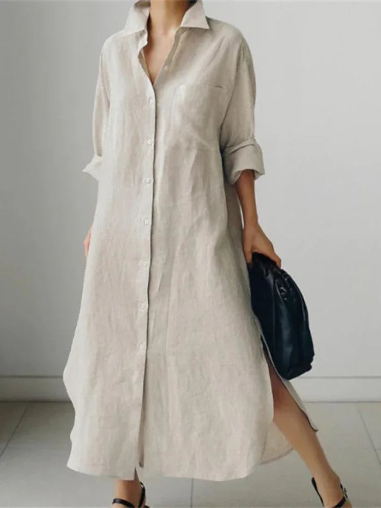 Women's Shirt Dress - Button Down - Long Sleeve - Relaxed Fit - Side Slits
