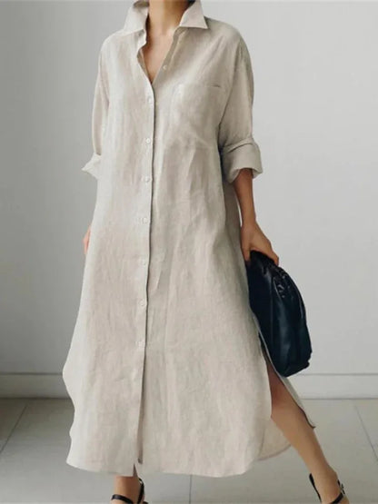 Women's Shirt Dress - Button Down - Long Sleeve - Relaxed Fit - Side Slits