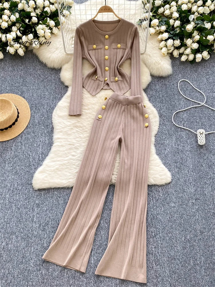 Women's metal button knitted top and high-leg pants set