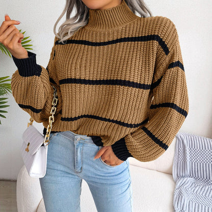 Women’s Pullover Sweatshirt – Relaxed Fit – Wool Knit – Turtleneck – Ribbed Striped Design