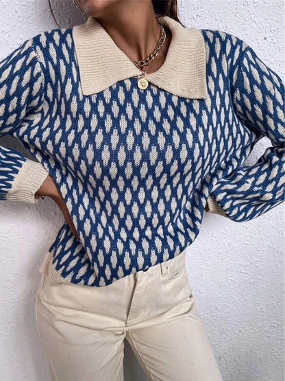 Women's vintage oversized knitwear plaid collar sweater