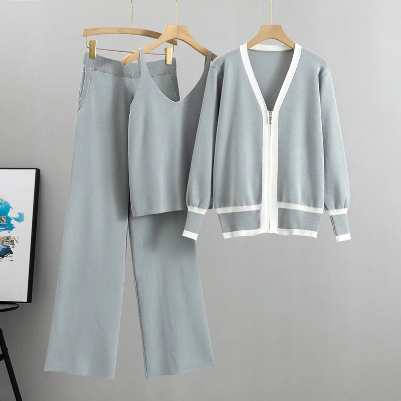 Women's knitted sleeveless top cardigan and elastic waist wide leg pants 3 piece set