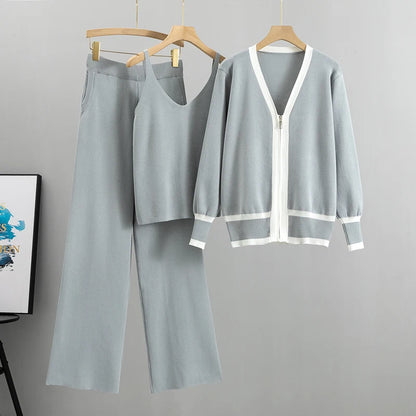 Women's knitted sleeveless top cardigan and elastic waist wide leg pants 3 piece set