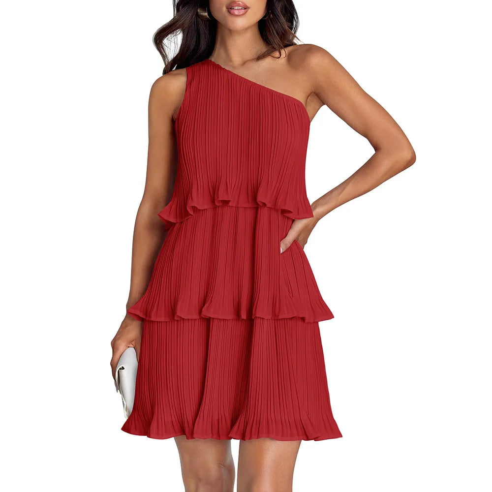 Pleated Chiffon One-Shoulder Midi Dress