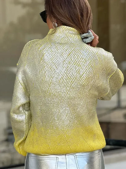 Shiny gradient turtleneck sweater with plaid pattern for women