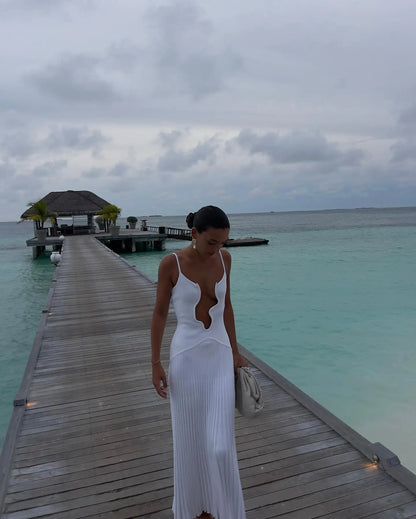 Women's Evening Gown - Plunging Neckline - Cutout Design - Floor-Length Elegant Fit