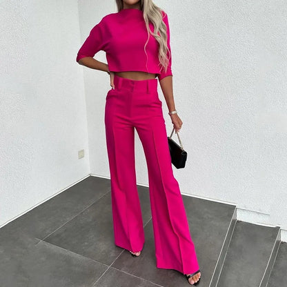 Women's  elegant casual crop top and high waist wide leg trouser set