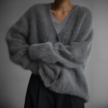 Women's oversized fuzzy v-neck cardigan