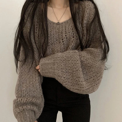 Women's casual hollow out lantern sleeve knitted pullover sweater