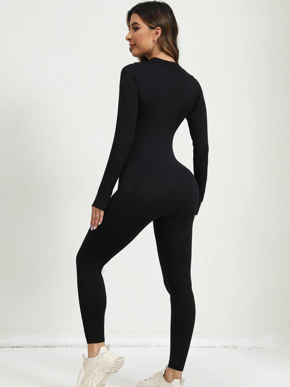 Women's ribbed long-sleeve zip front romper yoga outfit