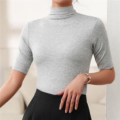 Women's Turtleneck Top - Slim Fit - Stretch Fabric - Short Sleeve Elegant Style