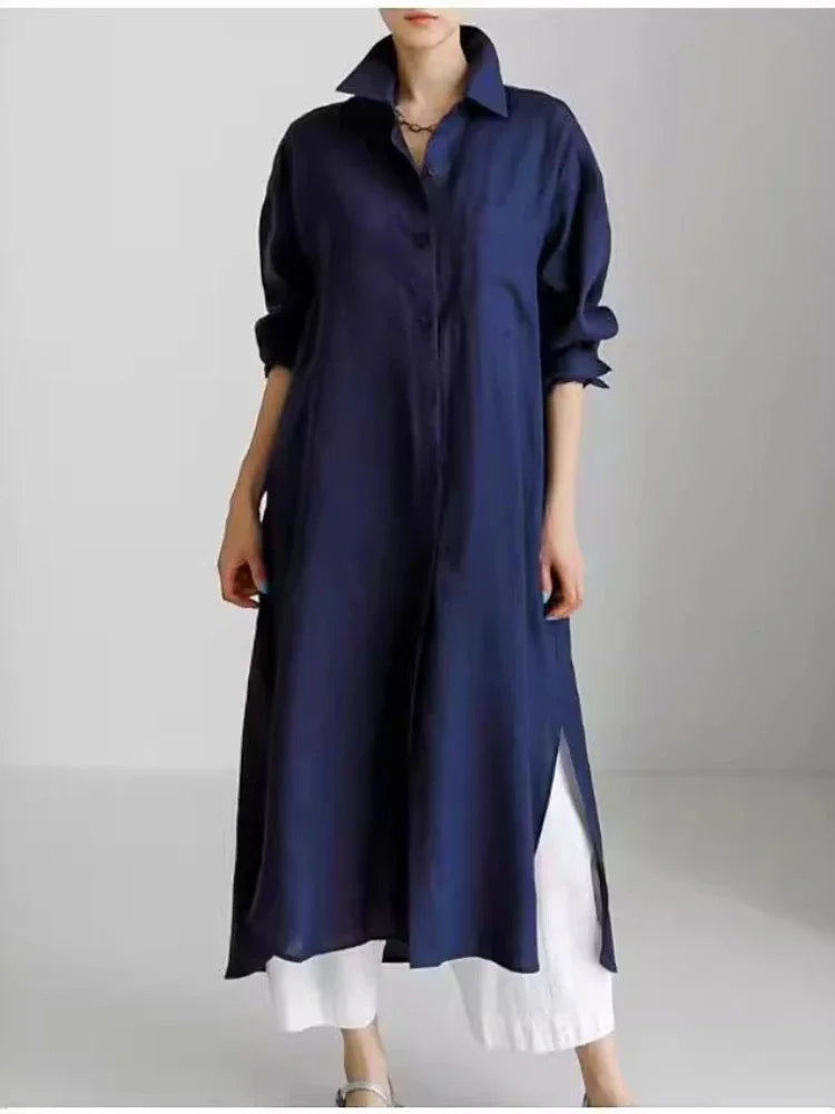 Women's Shirt Dress - Button Down - Long Sleeve - Relaxed Fit - Side Slits