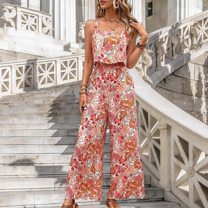 Women's Jumpsuit - Wide-Leg - Sleeveless Spaghetti Straps - Floral Print Casual Wear