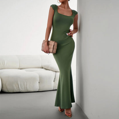 Women’s Bodycon Gown – Stretch Fabric – Square Neck – Cap Sleeves – Full Length