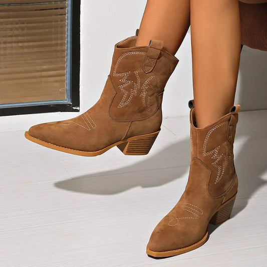 Chunky Heel Suede Pointed Toe Boots