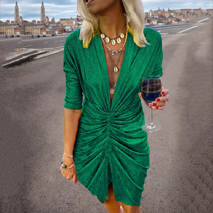 Women's V-Neck Dress - Ruched Waist - Knee-Length - 3/4 Sleeve Elegant Fit
