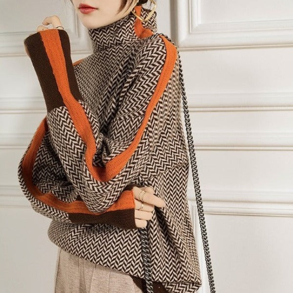 Women’s Turtleneck Sweater - Herringbone Knit - Relaxed Fit - Contrast Sleeve Stripes