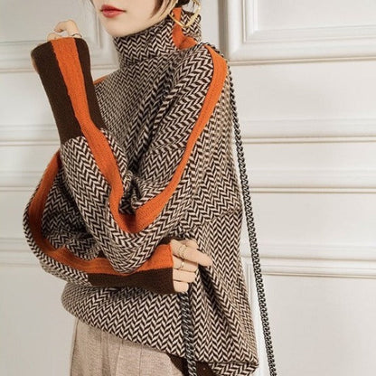 Women’s Turtleneck Sweater - Herringbone Knit - Relaxed Fit - Contrast Sleeve Stripes