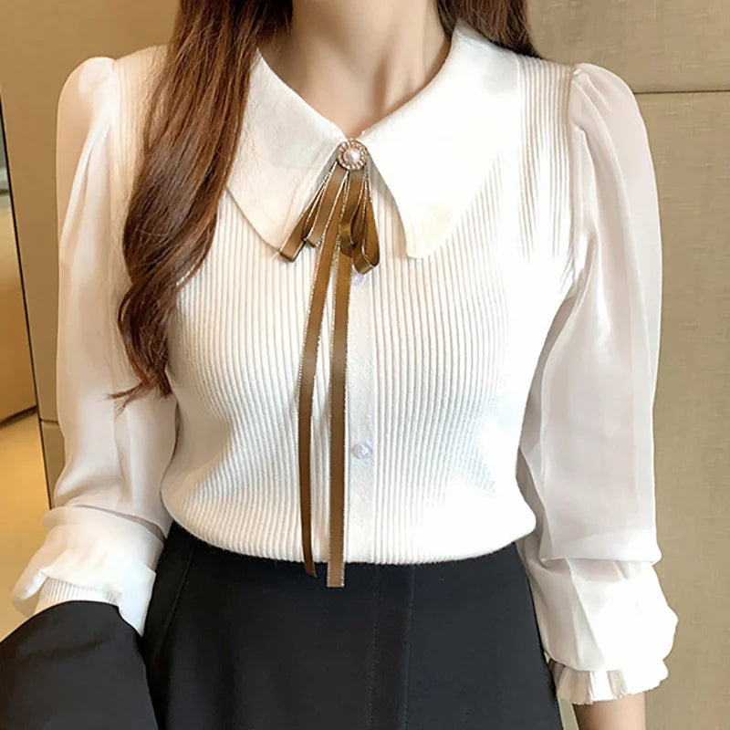 Ribbed Knit Puff Sleeve Blouse With Bow