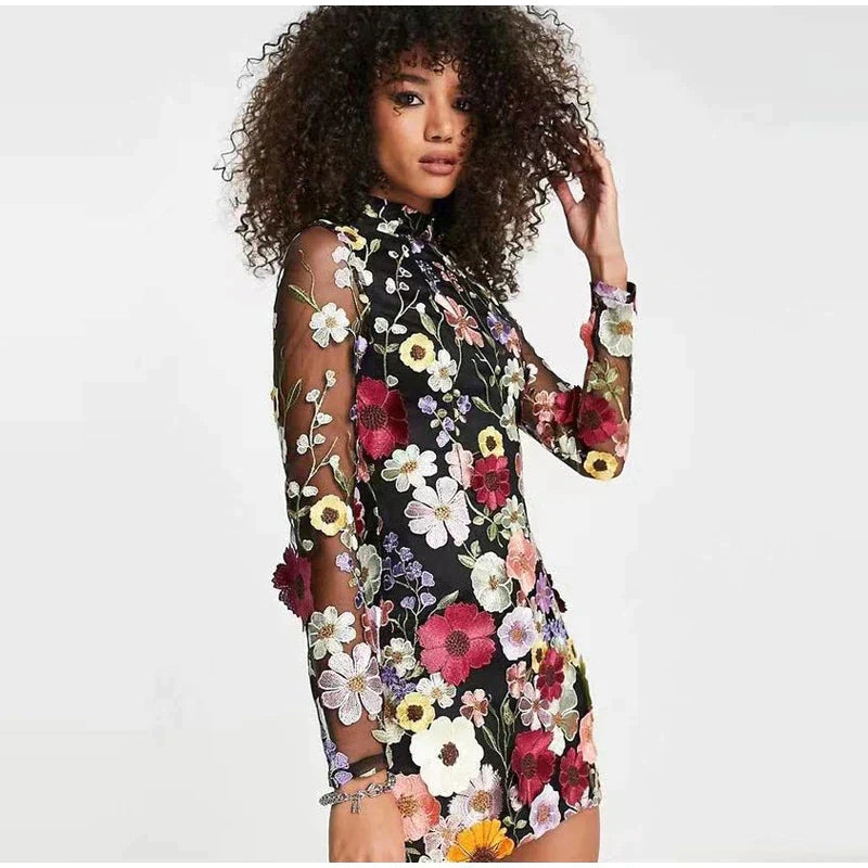 Floral Embroidered Sheer Overlay Mini Dress