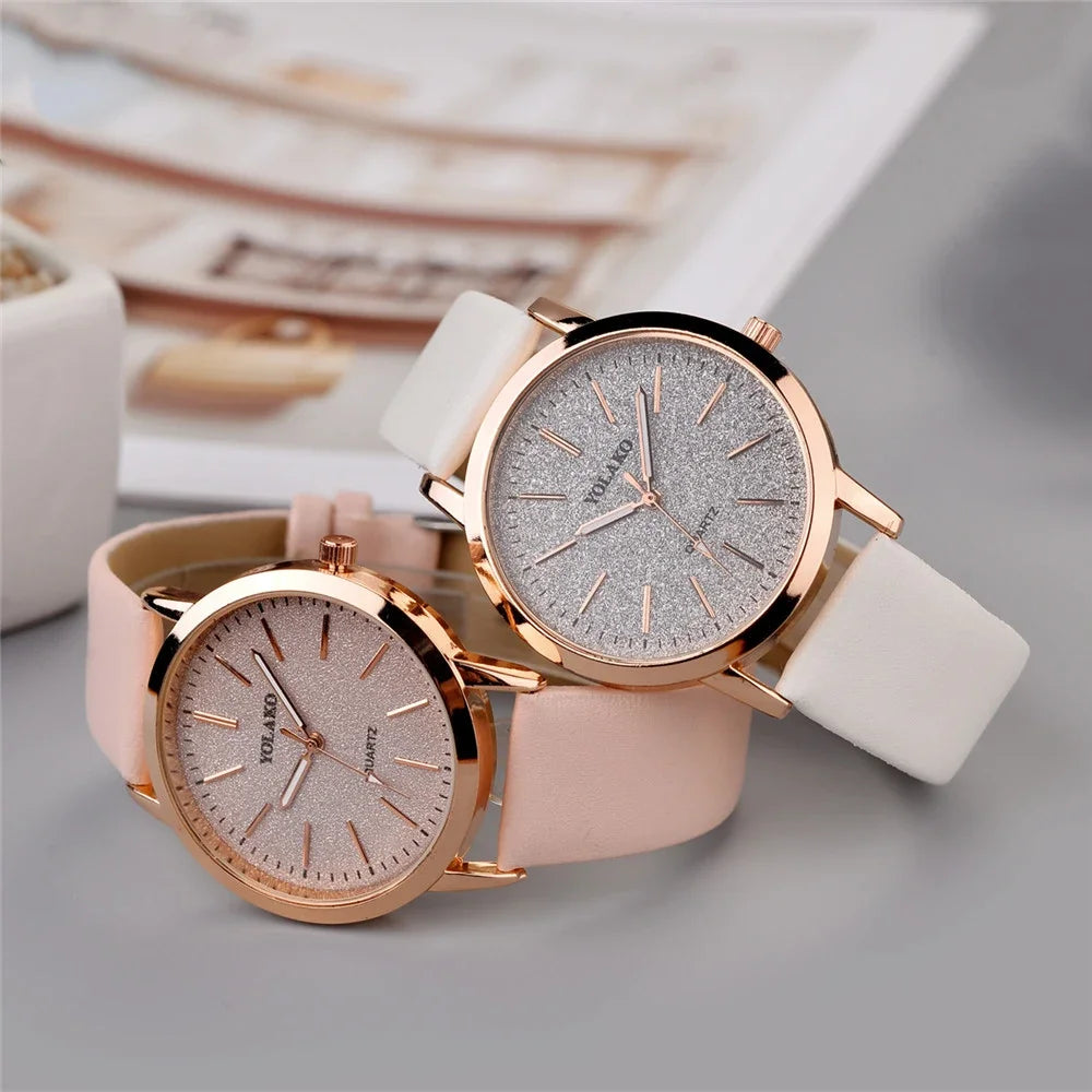 Elegant glitter dial quartz watch with soft leather strap for women