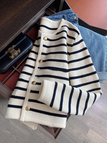 Soft waxy knitted striped sweater for women