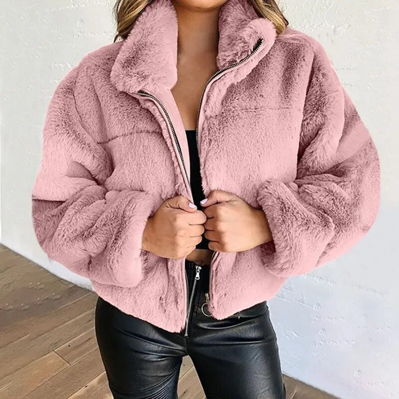 Women’s Faux Fur Jacket - Oversized Fit - High Collar - Full Zip Closure - Soft & Cozy