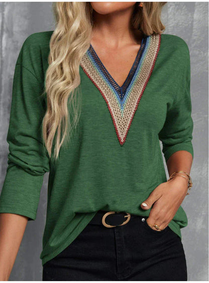 Women's V-Neck Blouse - Embellished Neckline - Long Sleeve Stretchy Casual Fit