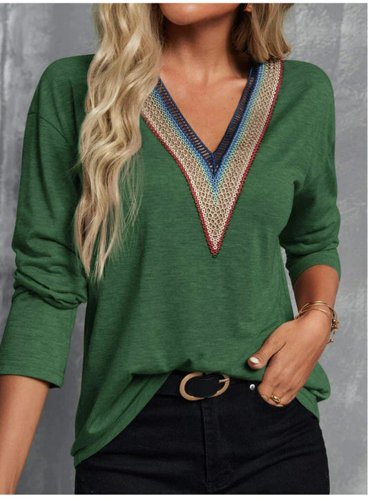 Embellished Neck V-Neck Long Sleeve Blouse
