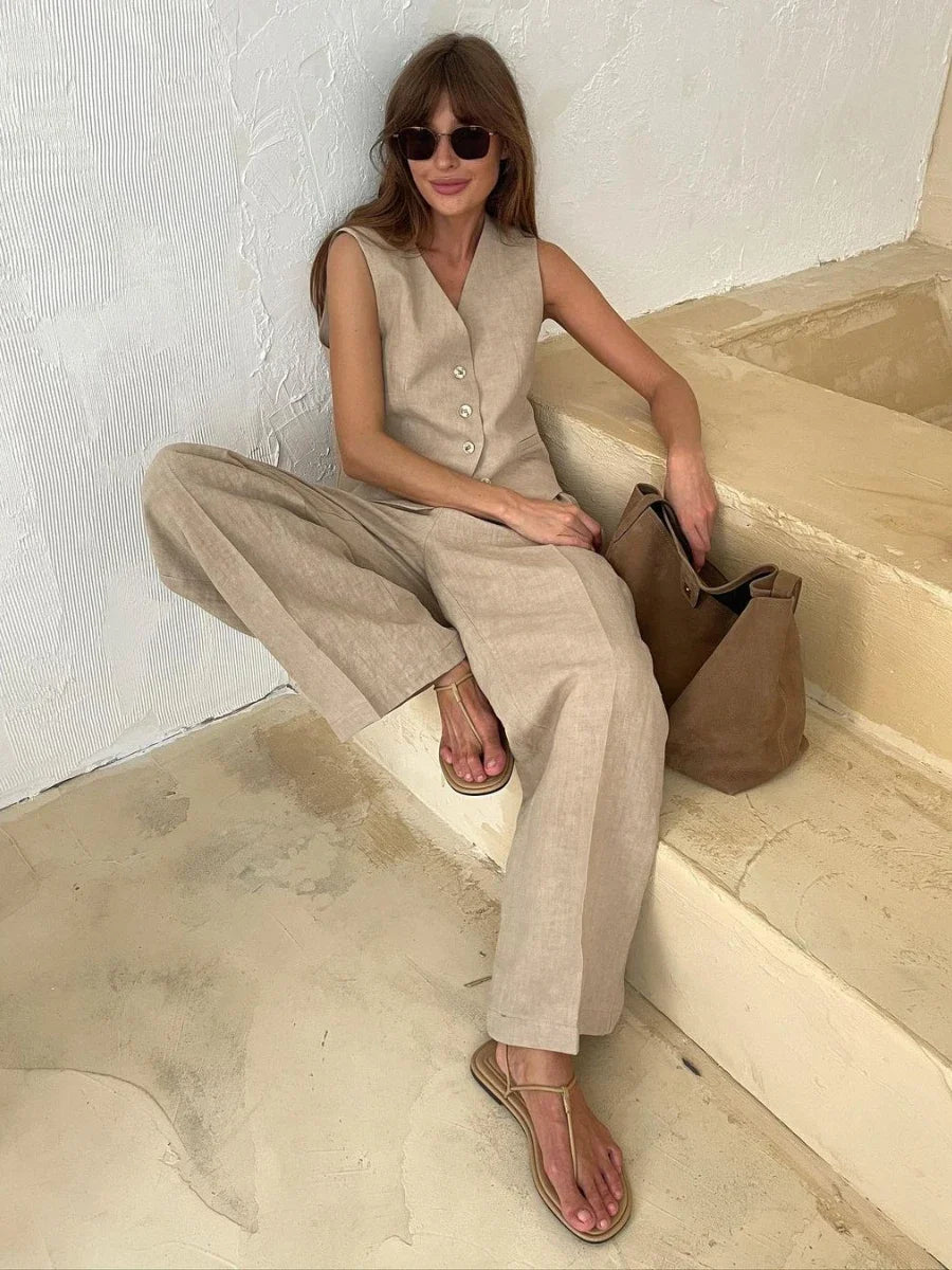 Women's Two-Piece Suit - Sleeveless Fitted Vest & High-Waisted Wide-Leg Trousers