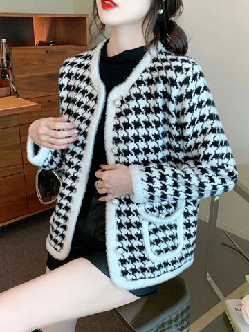 Houndstooth button-up cardigan jacket for women