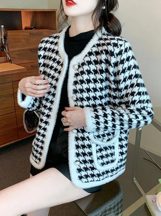 Houndstooth Button-Up Cardigan Jacket