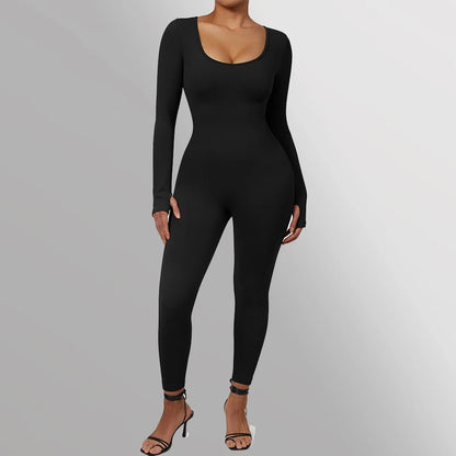 Women's Bodycon Jumpsuit - Long Sleeve Scooped Neck - Stretchable Full-Length Fit