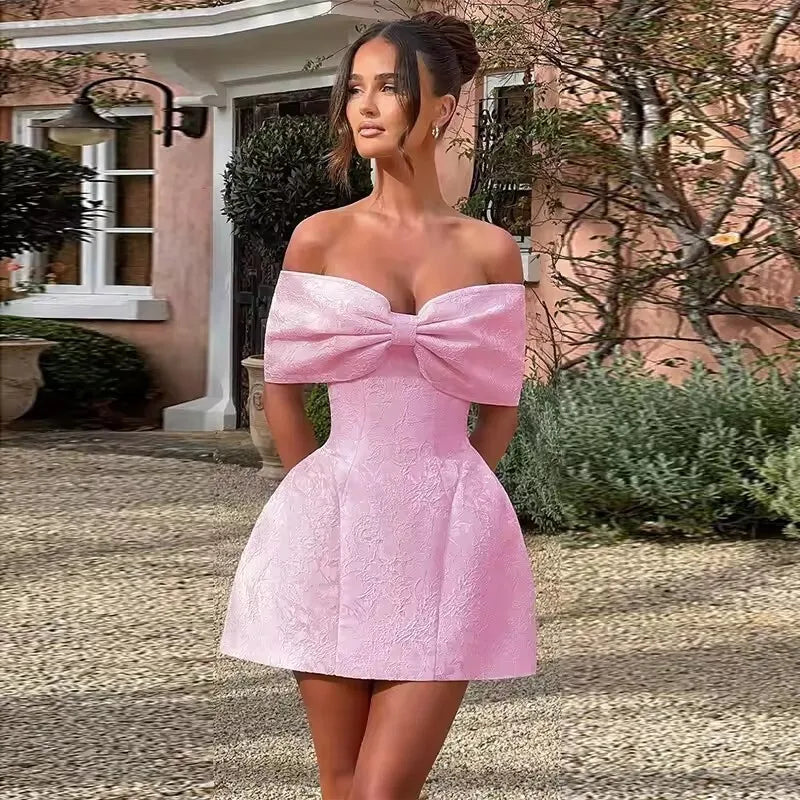 Women’s Mini Dress – Textured Jacquard – A-Line Fit – Off Shoulder – Statement Bow