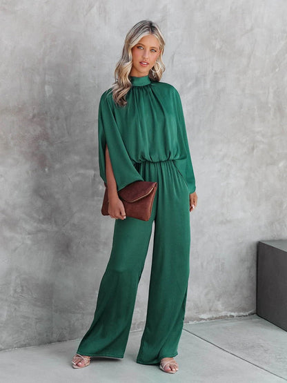 Women's Jumpsuit - High Neck - Draped Cape Sleeves - Wide Leg - Elegant Flowy Fit