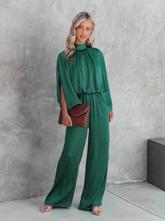 Draped Cape Sleeve Flowy Jumpsuit