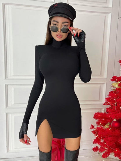 Women's Bodycon Mini Dress - Long Sleeve - High Neck - Side Slit Elegant Fit