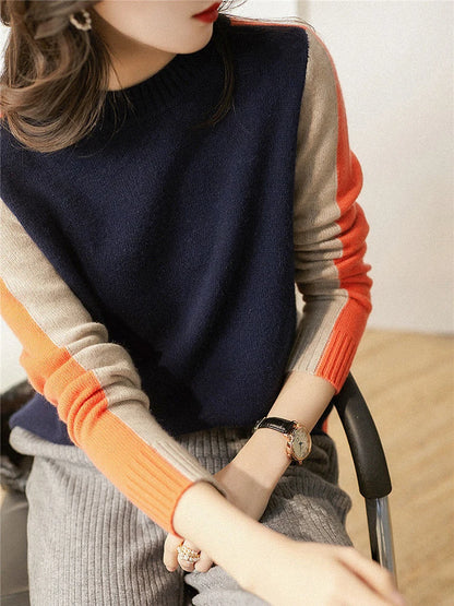Women’s Knitted Sweater - Relaxed Fit - Ribbed Round Neck - Soft Cozy Feel