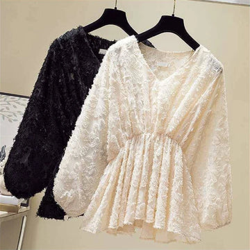 Women's Lace Blouse - V-Neck Peplum - Long Billowy Sleeves - Elegant Floral Pattern