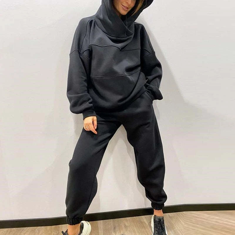 Women's casual  hooded sweatshirt  with pockets and long pants set